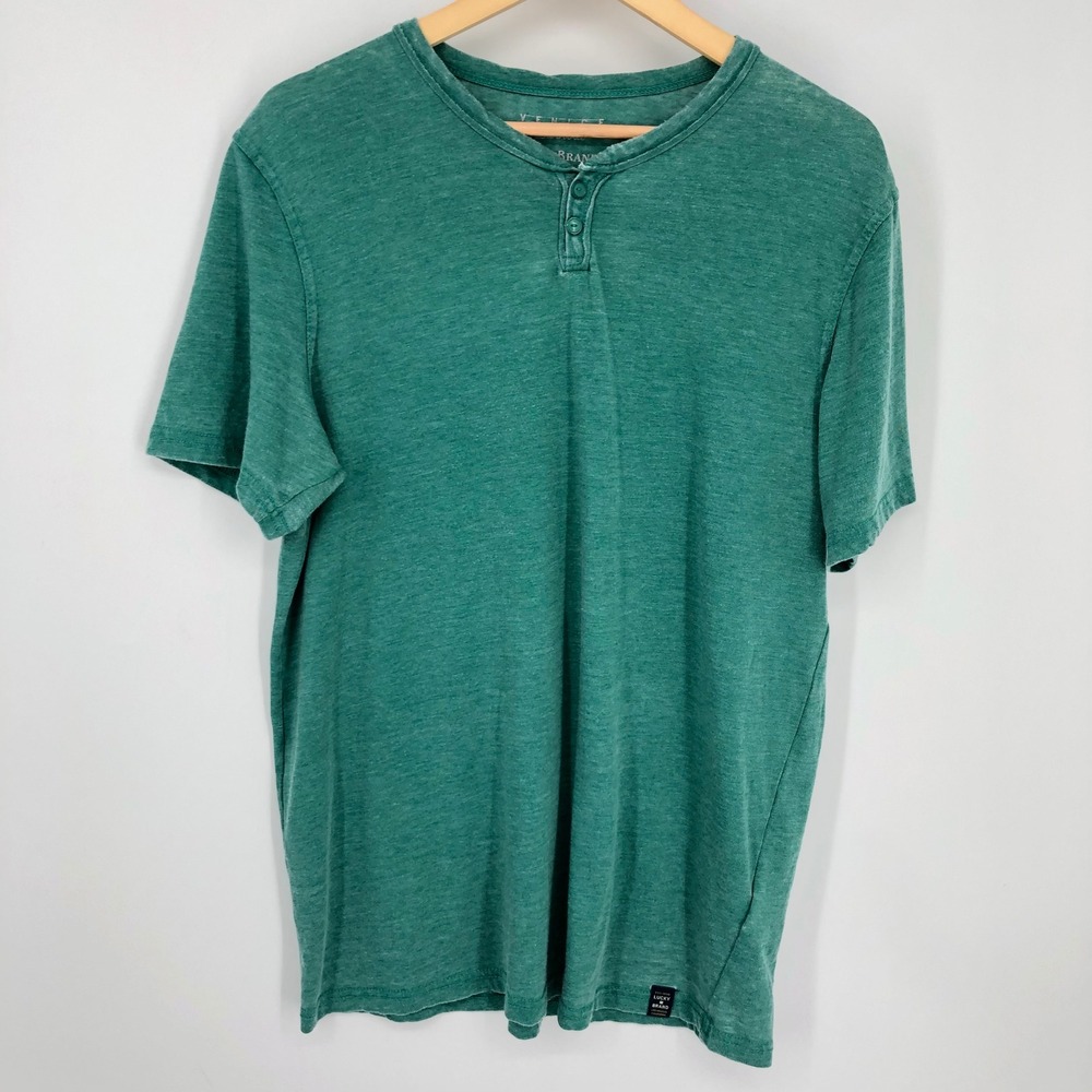 Lucky Brand‎ Mens Venice Burnout Tee Size Large Green Henley Short Sleeve